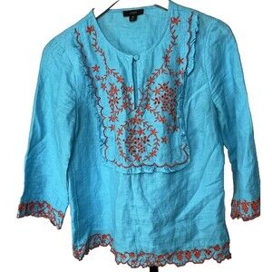 J Crew Top Womens XS 100%‎ Linen Eyelet Embroidery Blue Boho Blouse 3/4 Sleeve